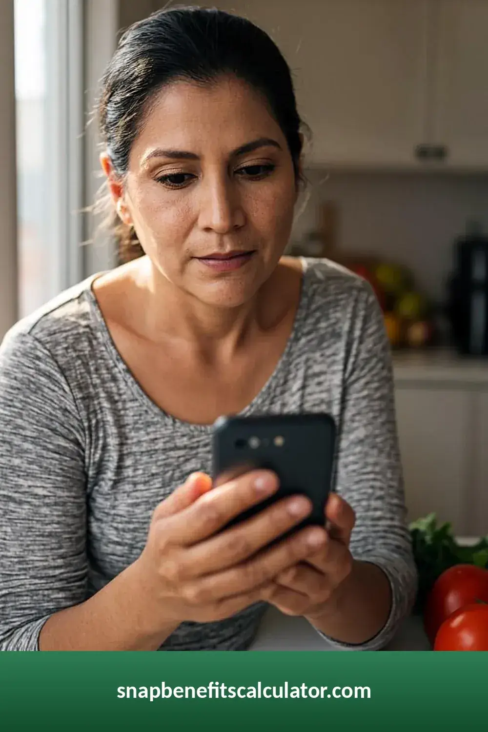 Woman checking her SNAP deposit day on her phone in the kitchen