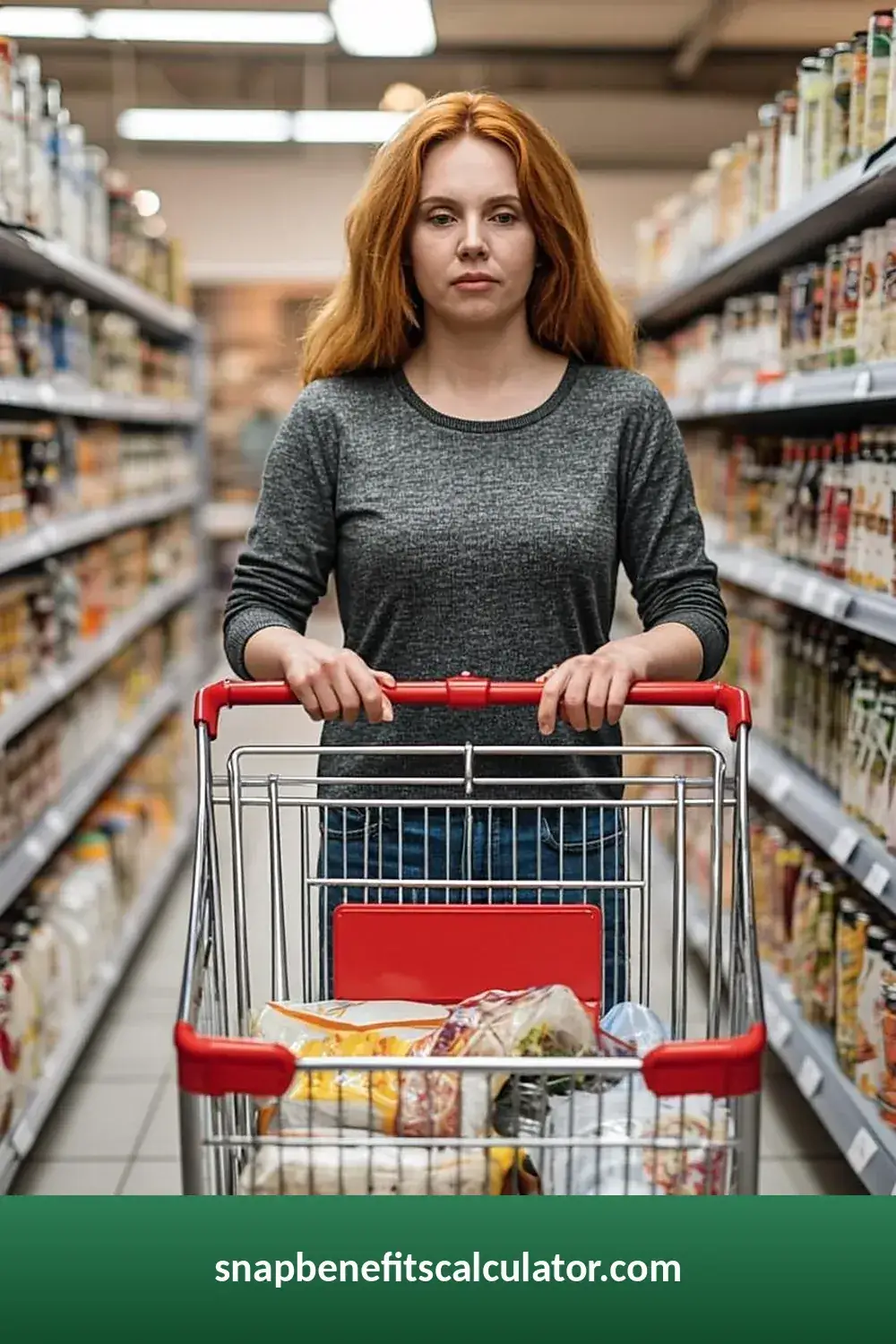 Woman pushing a shopping cart down a grocery store aisle