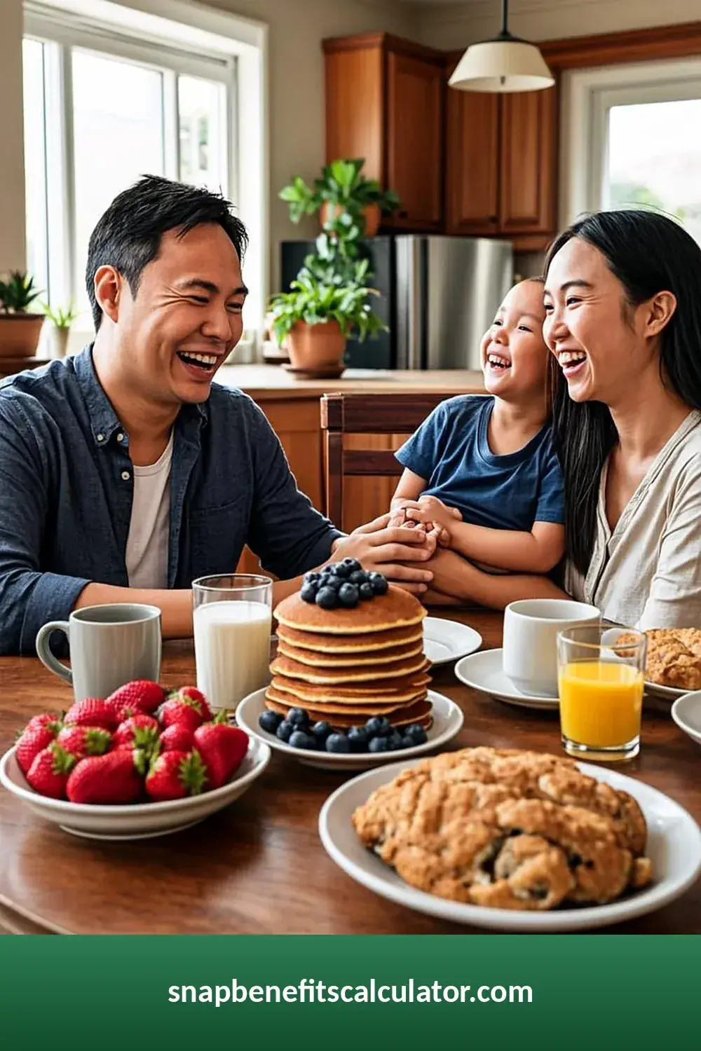 Family enjoying a weekend pancake breakfast together at their kitchen table
