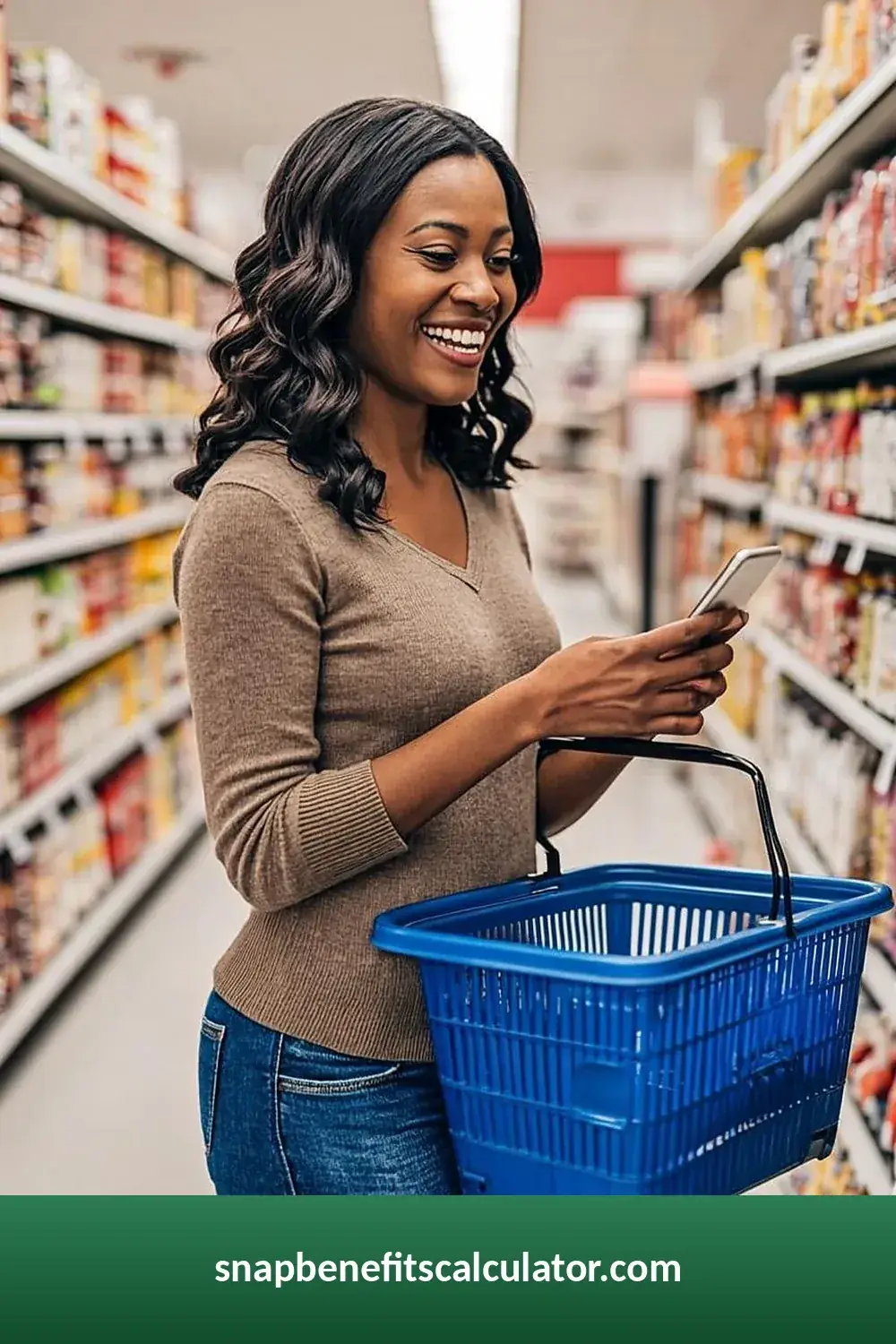 Shopper checking her phone while holding a basket in a grocery aisle