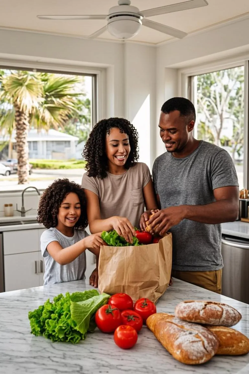 Florida family unpacking groceries in their kitchen while planning meals on a SNAP budget