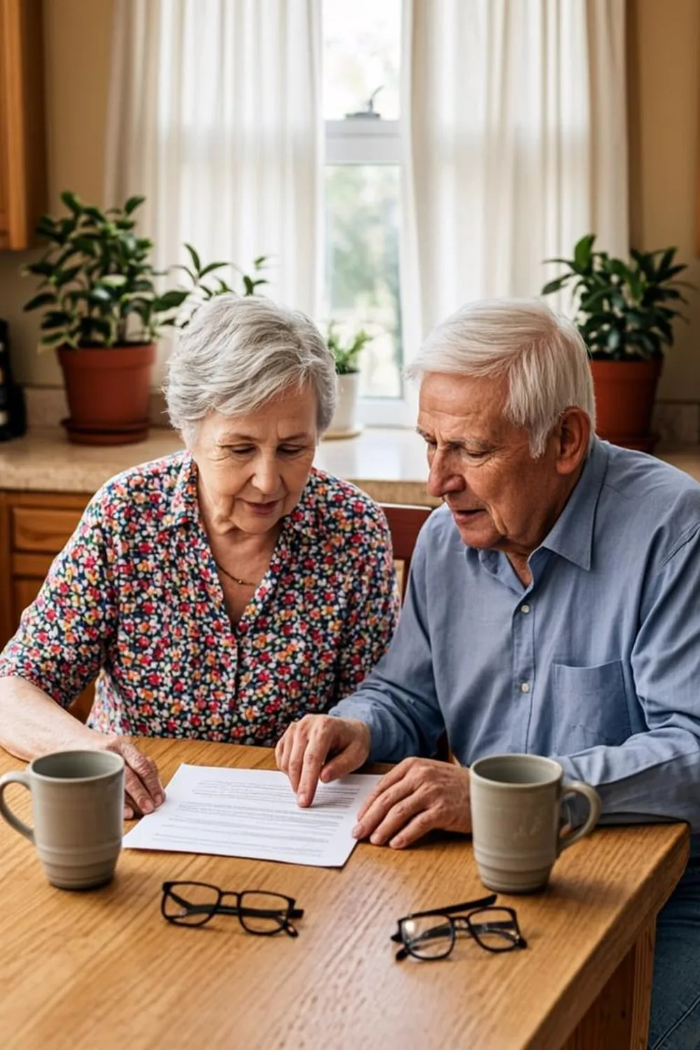 Senior American couple reviewing their Florida SNAP ACCESS notice at the kitchen table