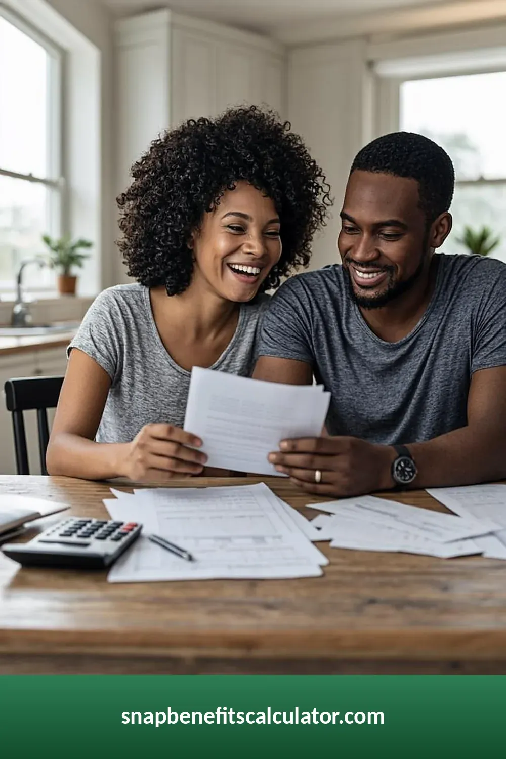 Couple reviewing Illinois SNAP income paperwork at a kitchen table with a calculator