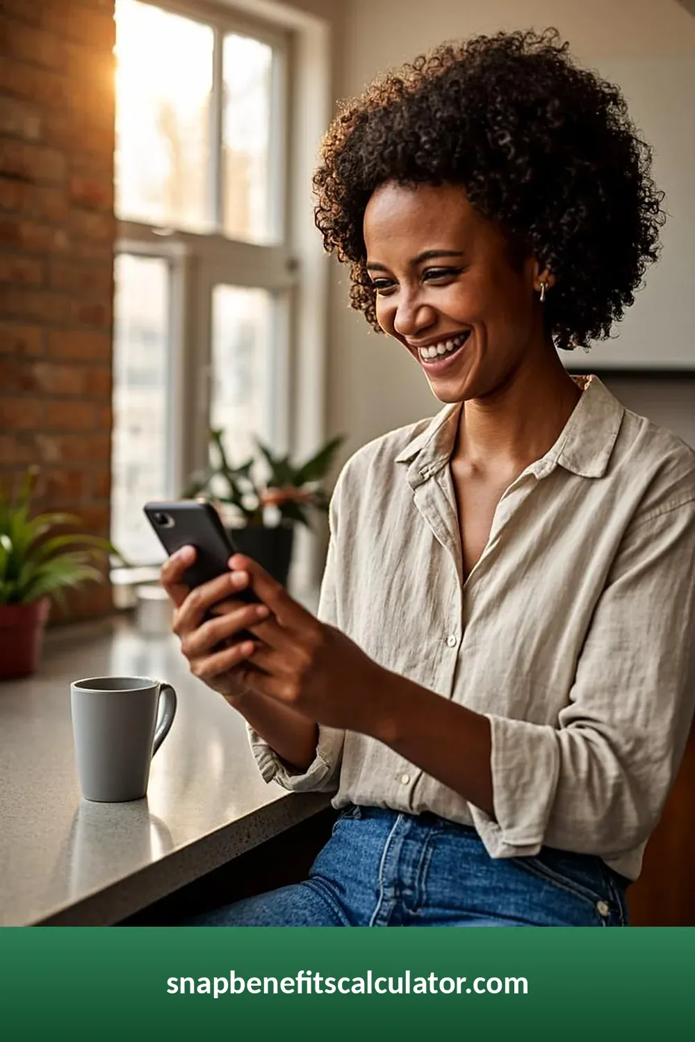 Woman checking her Illinois Link Card balance on her phone in the kitchen