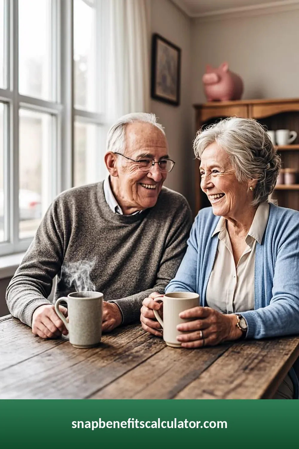 Senior couple smiling over coffee with a piggy bank on the cabinet behind them