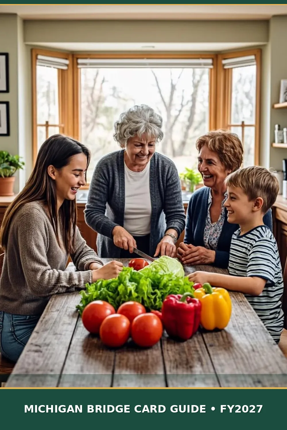 Multigenerational family, grandmother, adult daughter and two kids, preparing a healthy meal at a Michigan kitchen table