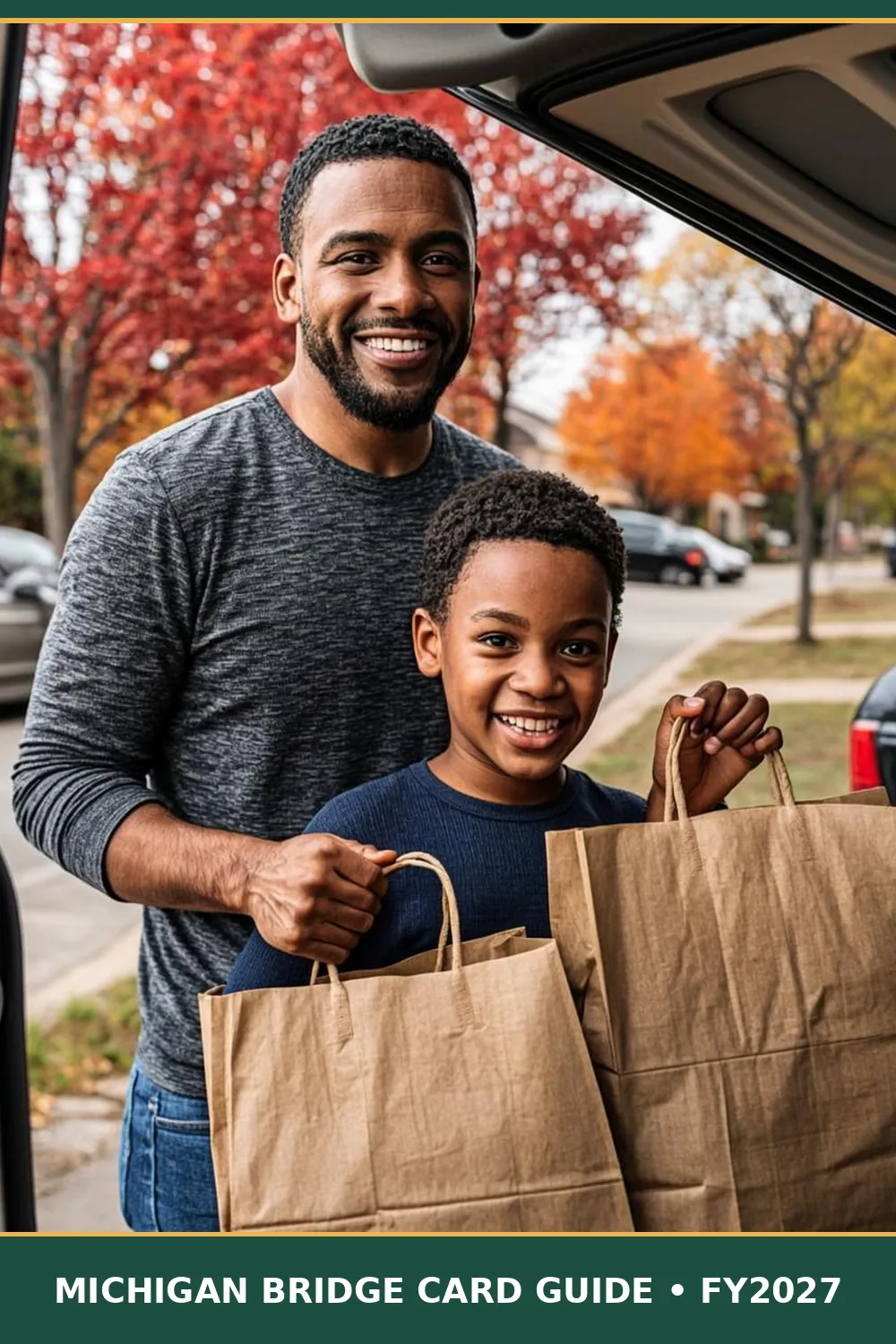 Michigan father and son carrying grocery bags from a car trunk in an autumn Detroit driveway