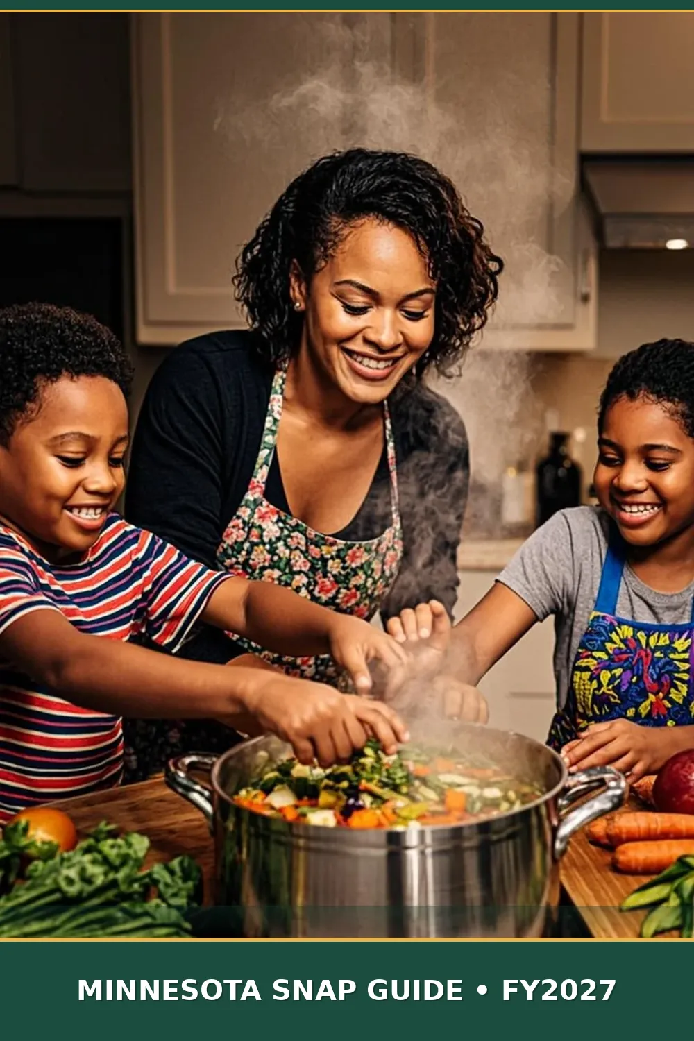African American mother cooking a pot of vegetable soup with her two children at a Minneapolis kitchen counter