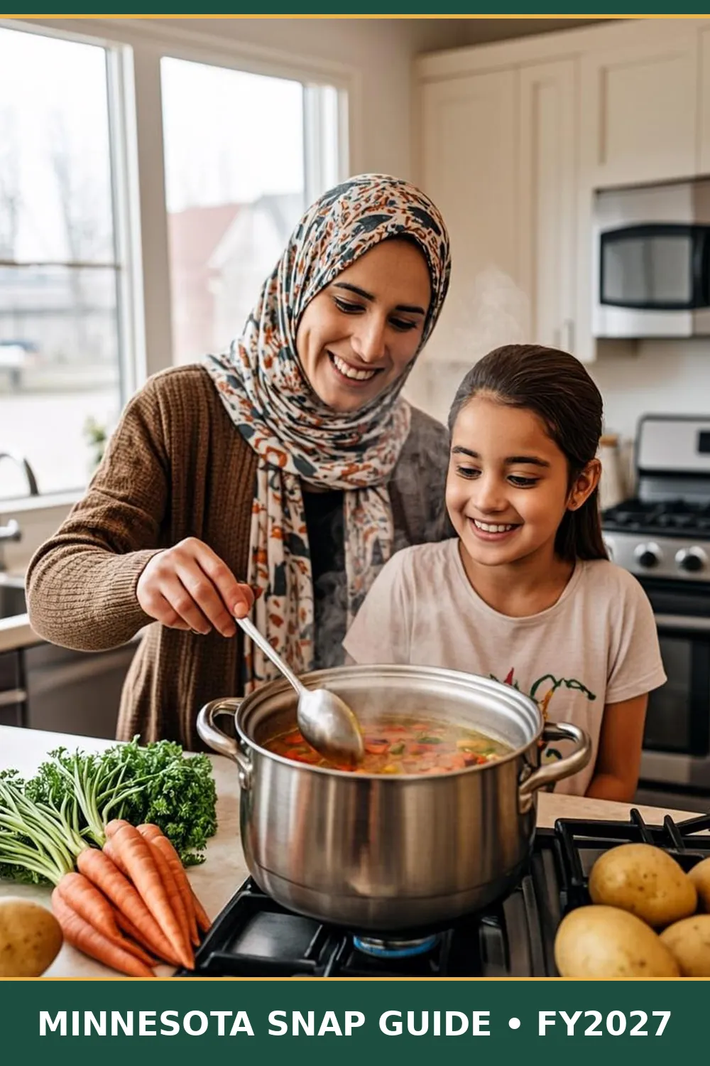Minnesota mother and daughter stirring a pot of homemade vegetable soup in a Minneapolis kitchen with snow outside
