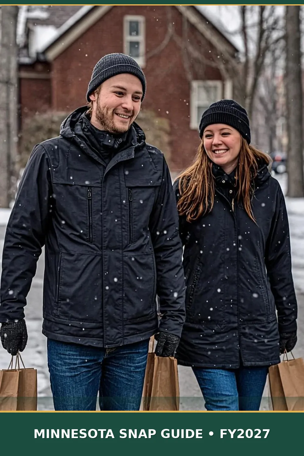 Young couple in heavy winter jackets carrying grocery bags along a snowy Minneapolis sidewalk