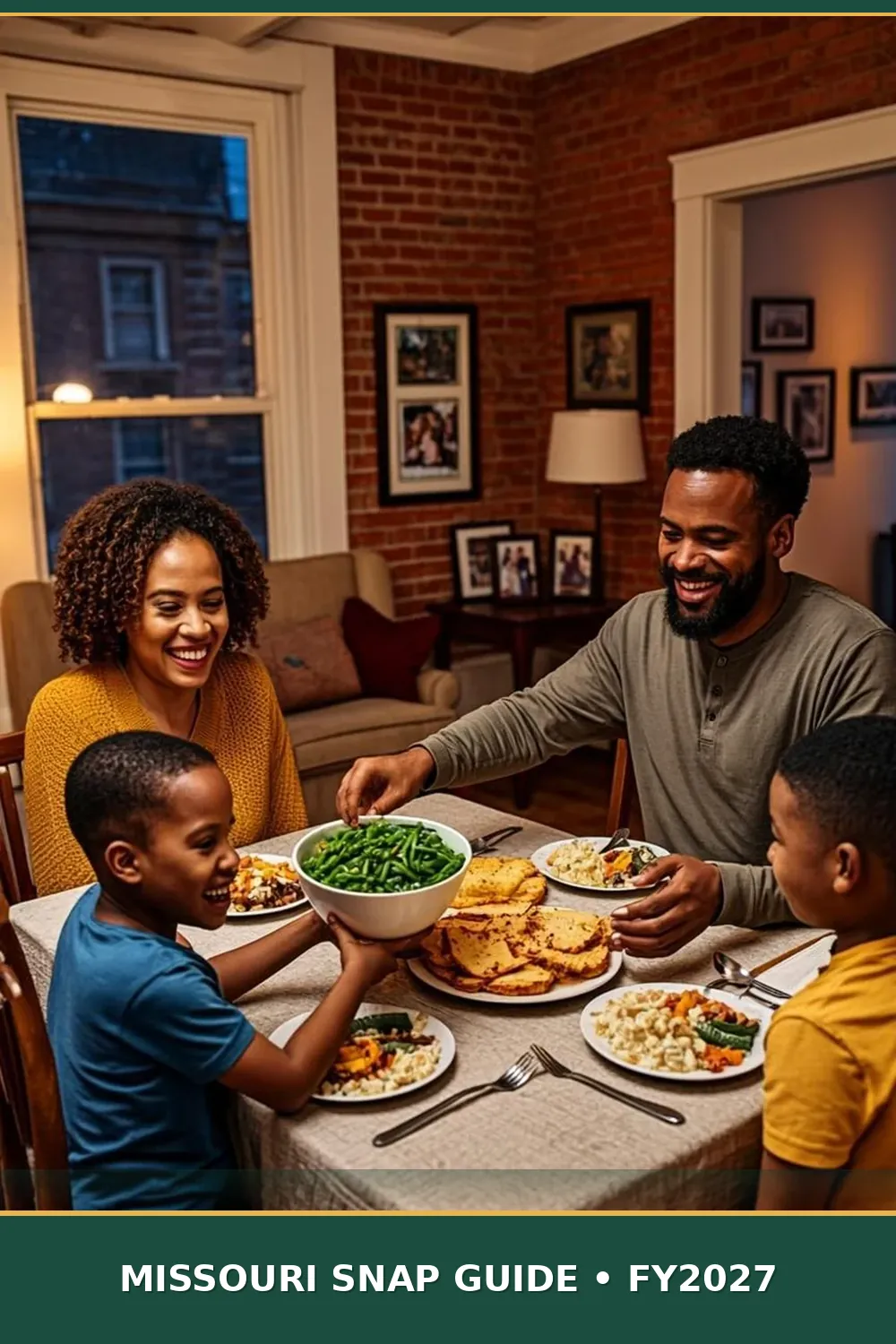 African American family sharing a healthy home-cooked dinner at their St. Louis kitchen table