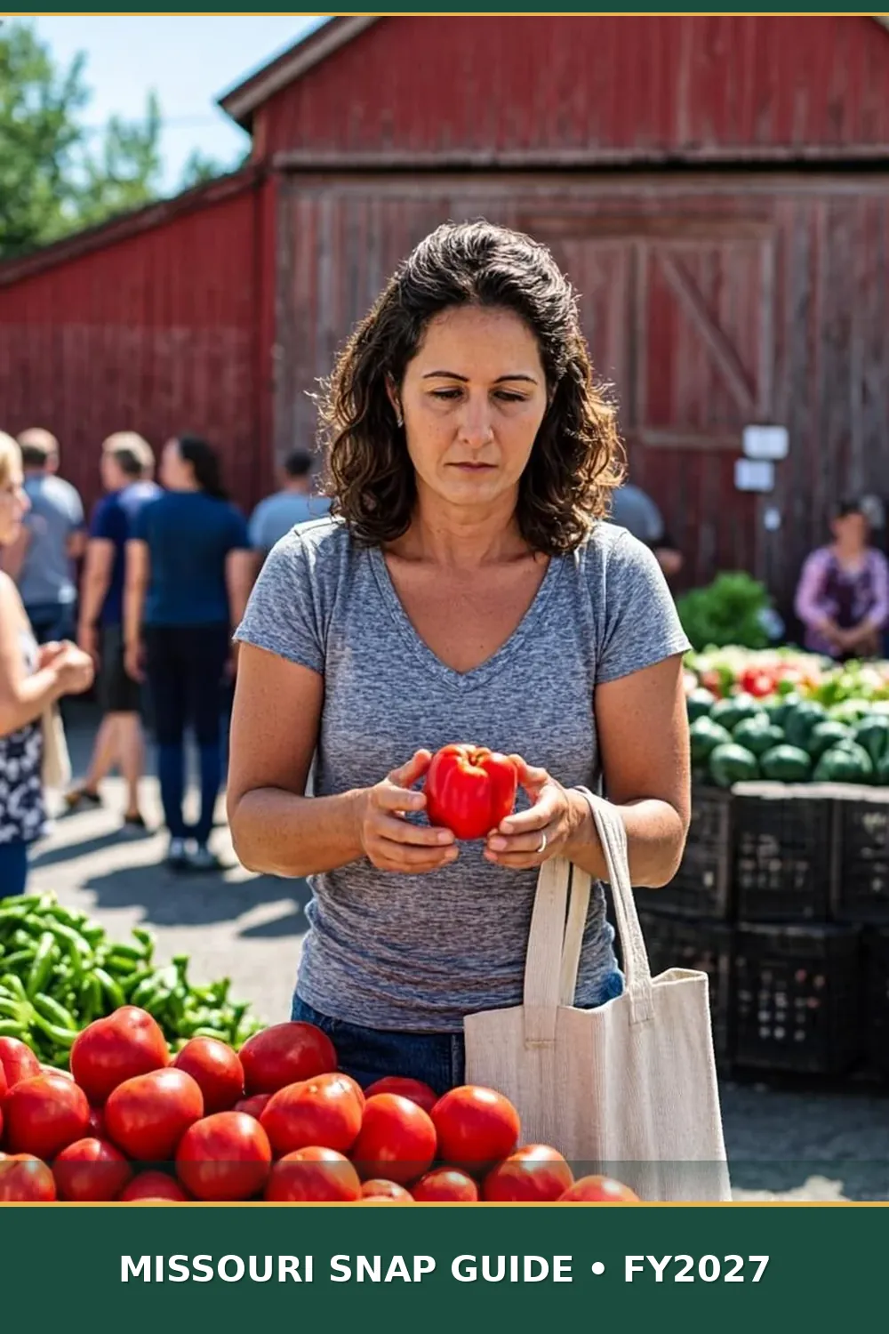 Hispanic American woman comparing fresh tomatoes at a Missouri farmers market stall