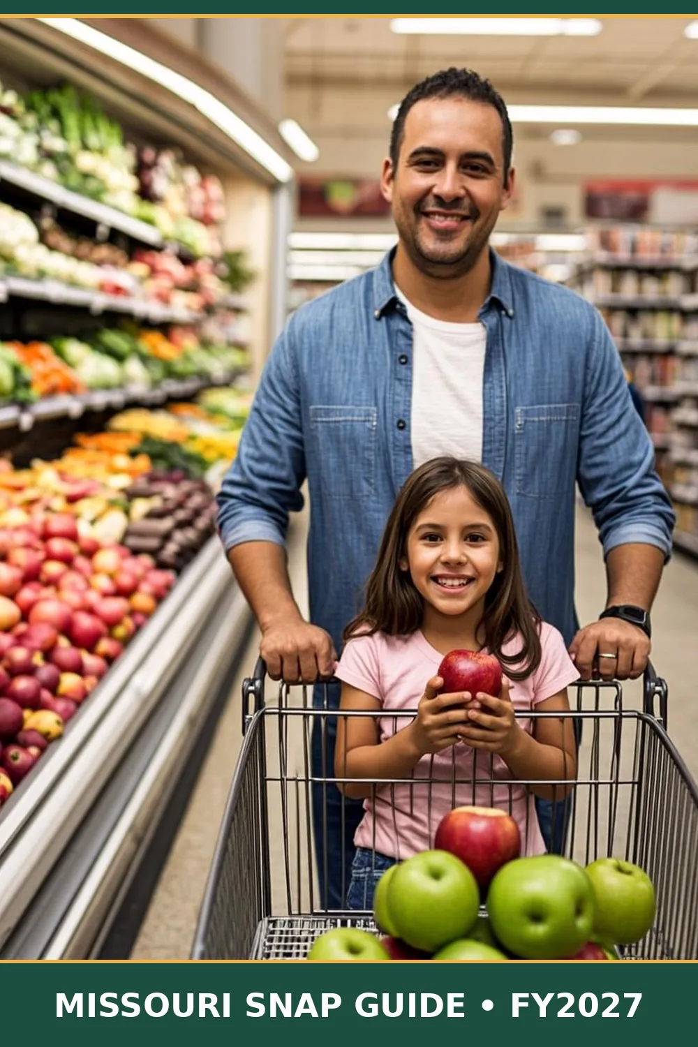 Missouri father and his young daughter smiling in a supermarket produce aisle with a cart full of fresh fruit