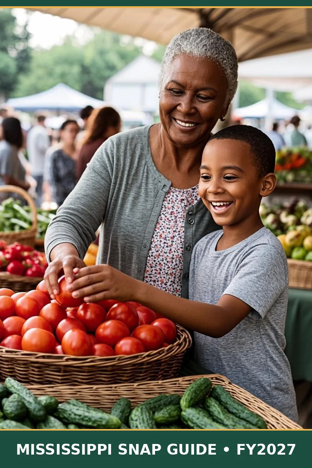 Mississippi grandmother and grandson picking ripe tomatoes at a sunny farmers market stand