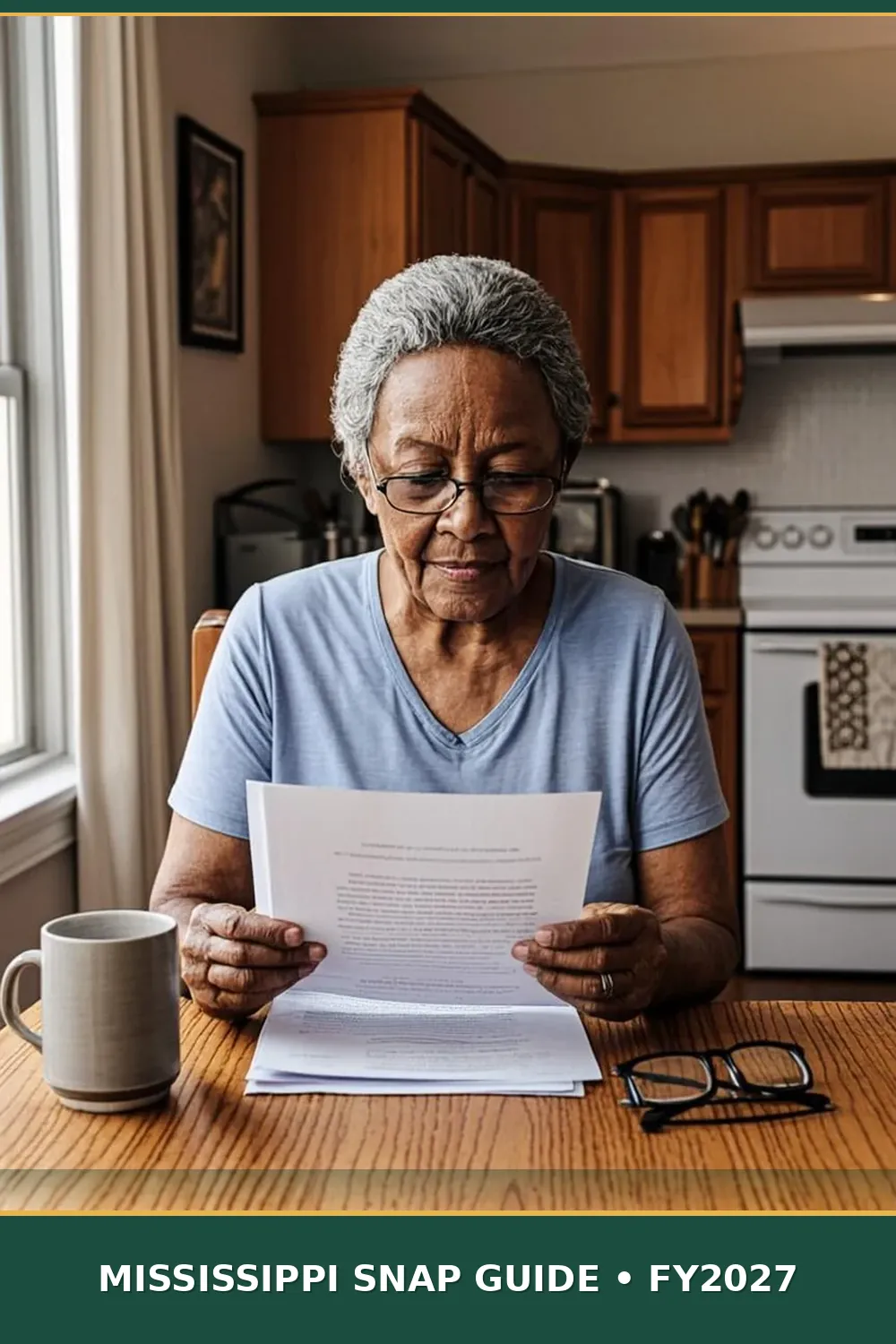 Senior African American woman with glasses reviewing a benefits award letter at her Mississippi kitchen table