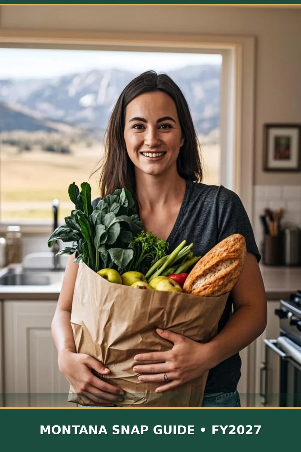 Montana mother holding a paper grocery bag of fresh vegetables in her kitchen with snowy mountains outside the window