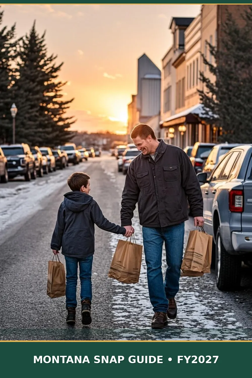 Montana father and son carrying grocery bags to their pickup truck on a snowy small-town street