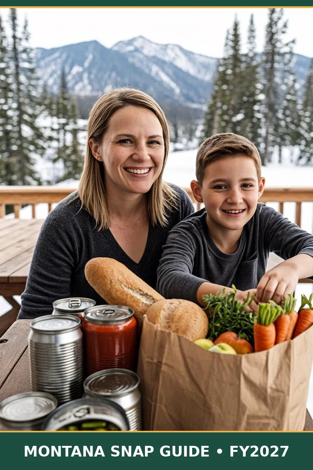 Montana mother and her teenage son stocking a pantry shelf with winter grocery supplies in a snowy mountain kitchen
