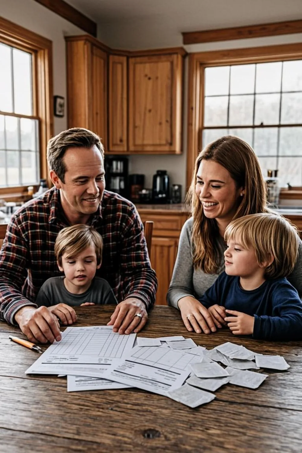 Nebraska family at their kitchen table comparing grocery receipts against their monthly SNAP budget