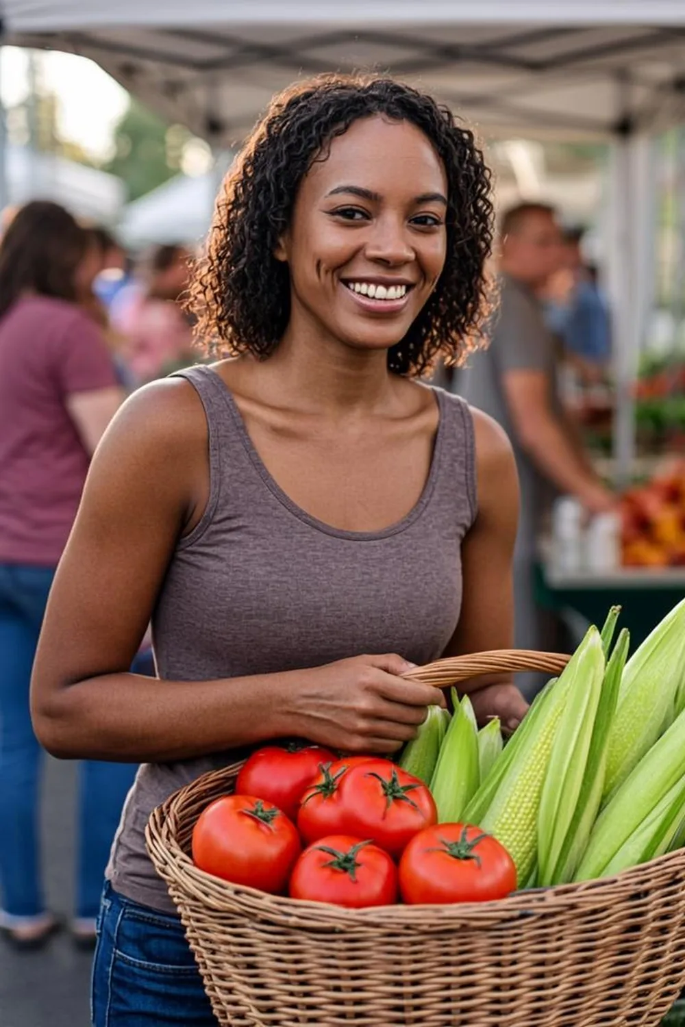 Mother carrying fresh tomatoes and sweet corn from a Nebraska farmers market where SNAP dollars double