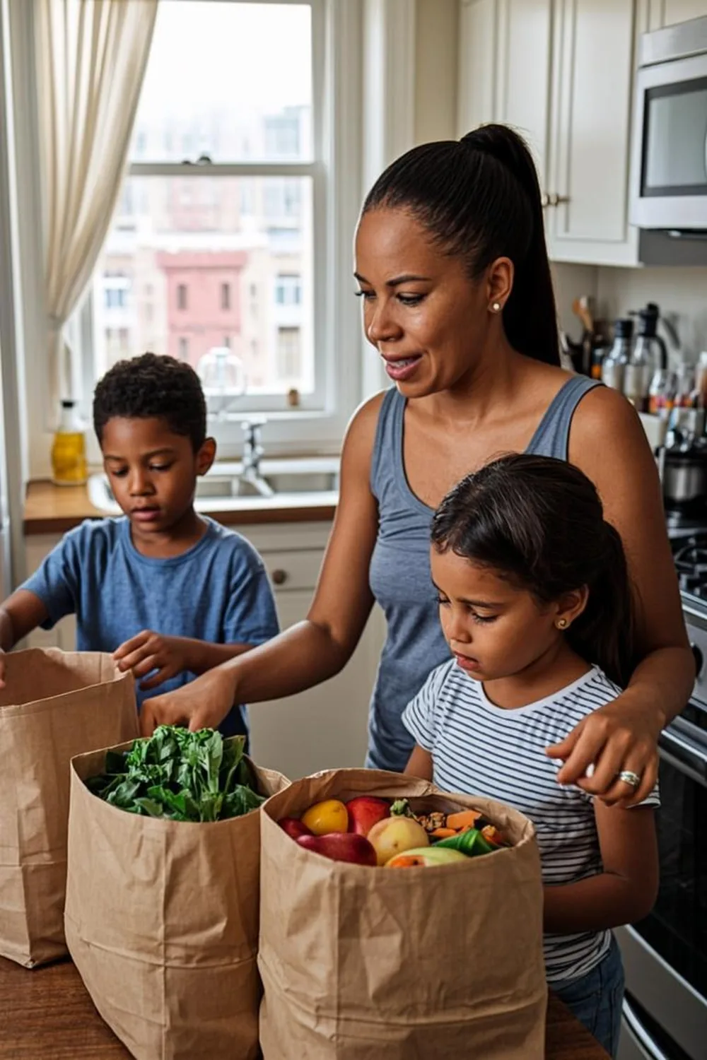 Queens family unpacking paper grocery bags of fresh food bought with New York SNAP benefits