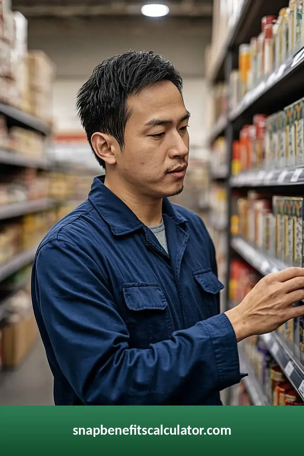 Man comparing grocery items on a store shelf while shopping