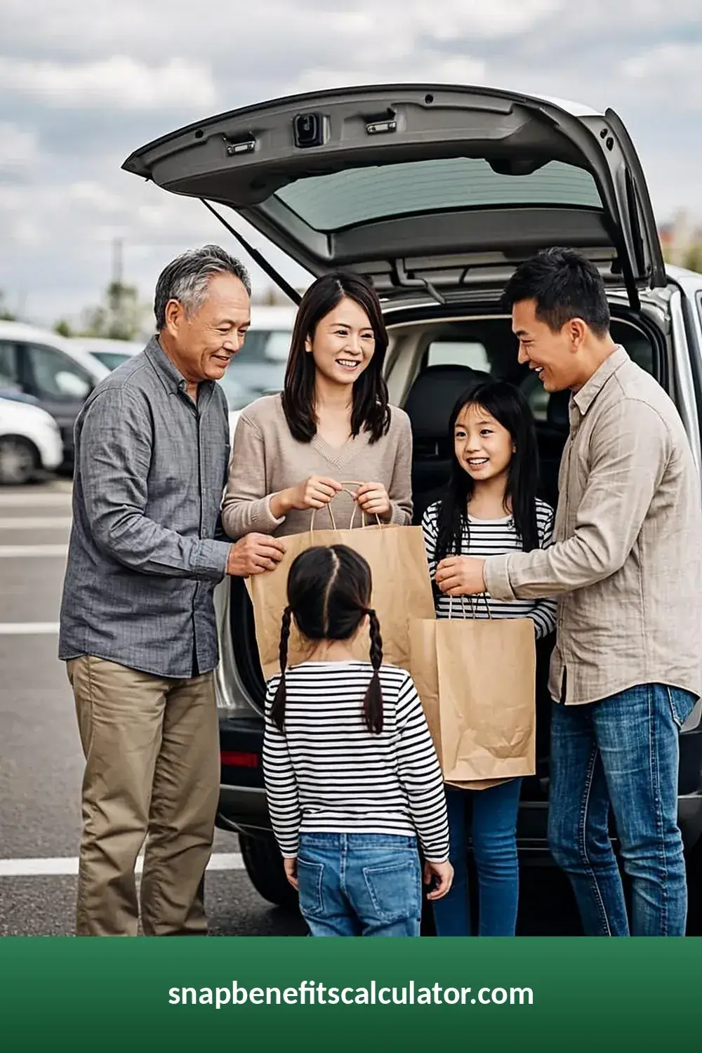 Multi-generation family loading grocery bags from their car trunk