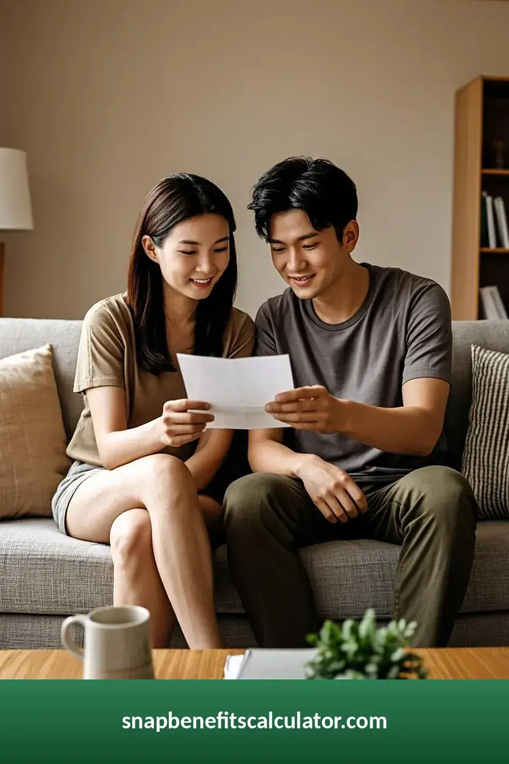 Couple reviewing a benefits letter together on their living room couch