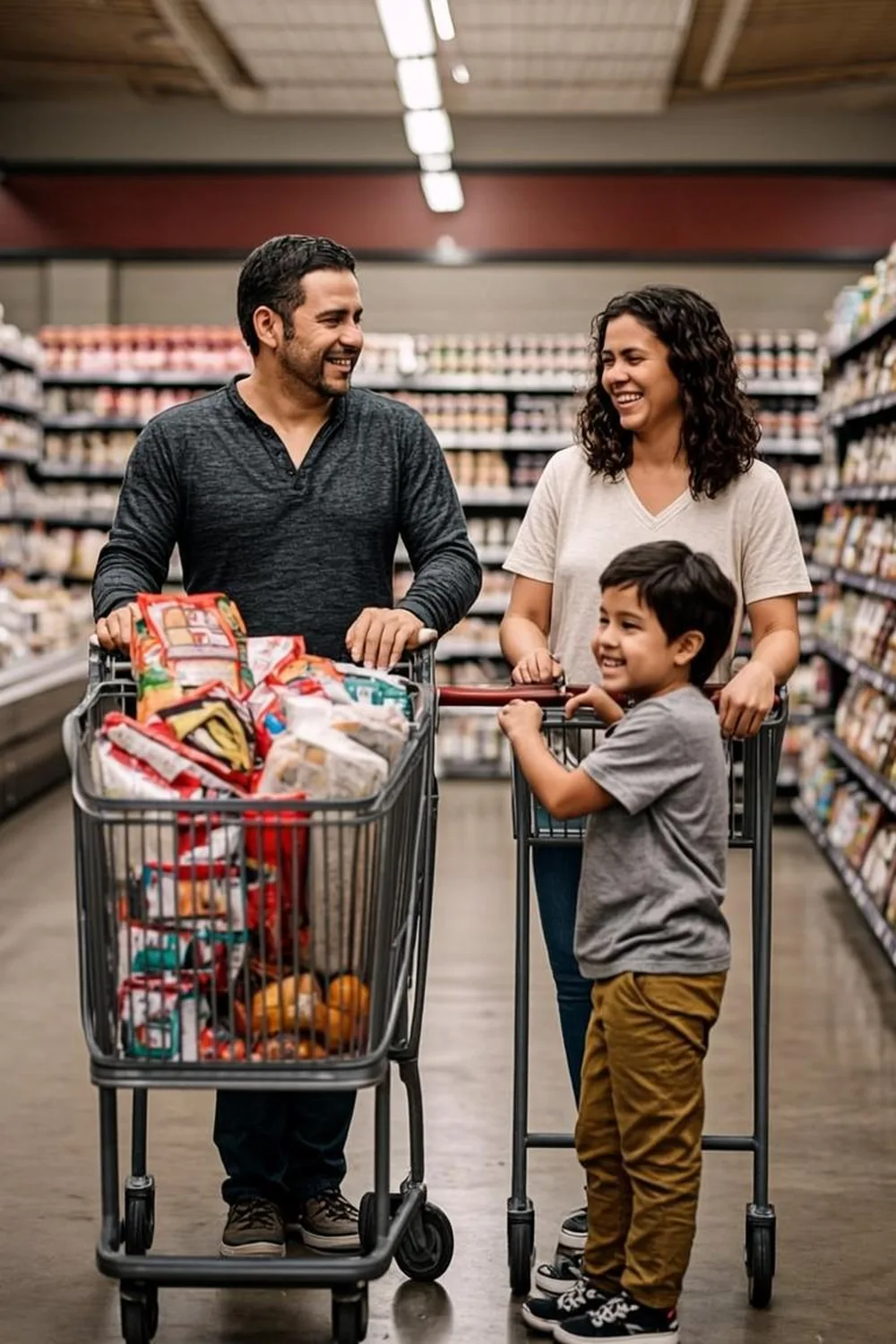 Texas family pushing grocery carts of food they bought with Lone Star Card SNAP benefits