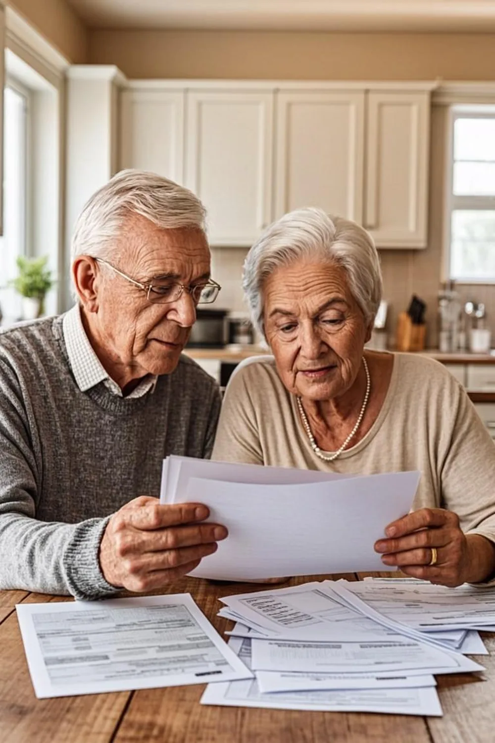 Texas senior couple reviewing their monthly SNAP paperwork together at the kitchen table